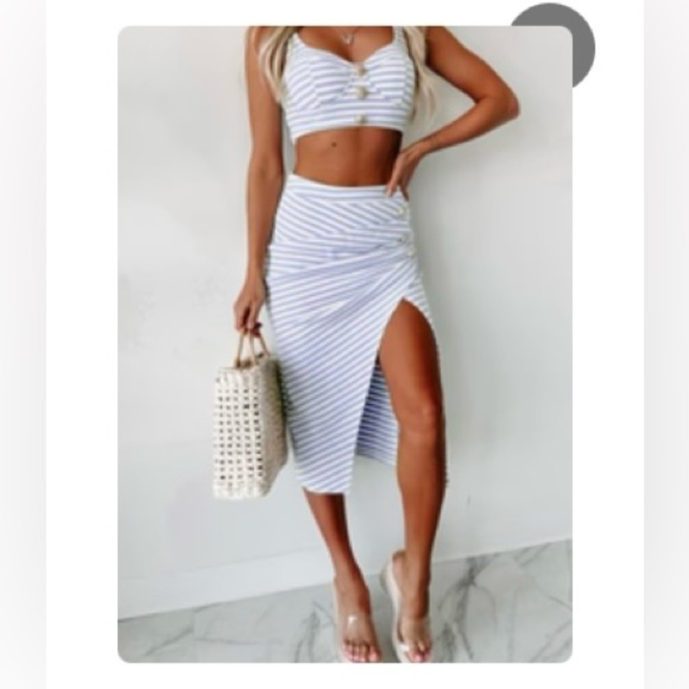 NanaMacs White and Gray Midi Pencil Skirt with Slit